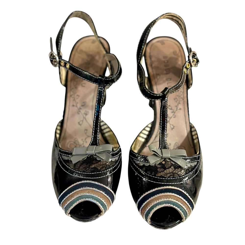 Vintage Bobbi Blu Lacey Heels Black Patent Multi Size 8.5